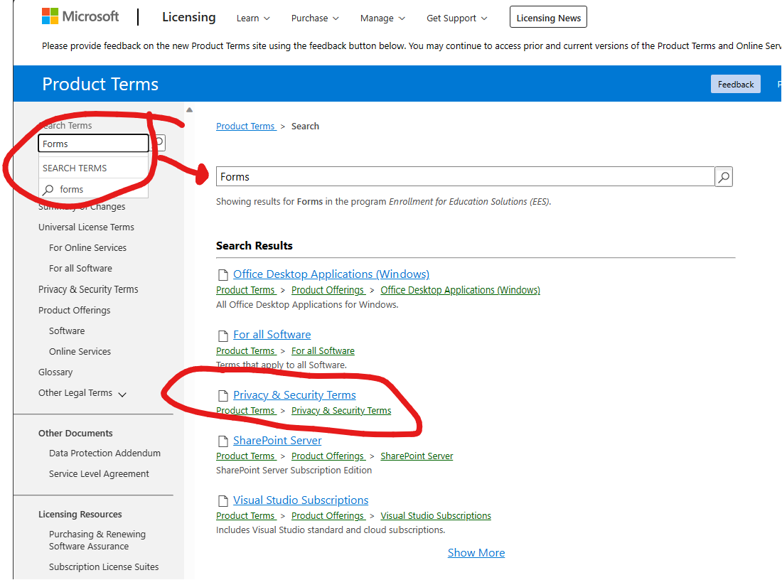 Microsoft Forms product terms