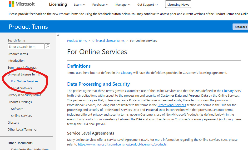 Product Terms Online Servies