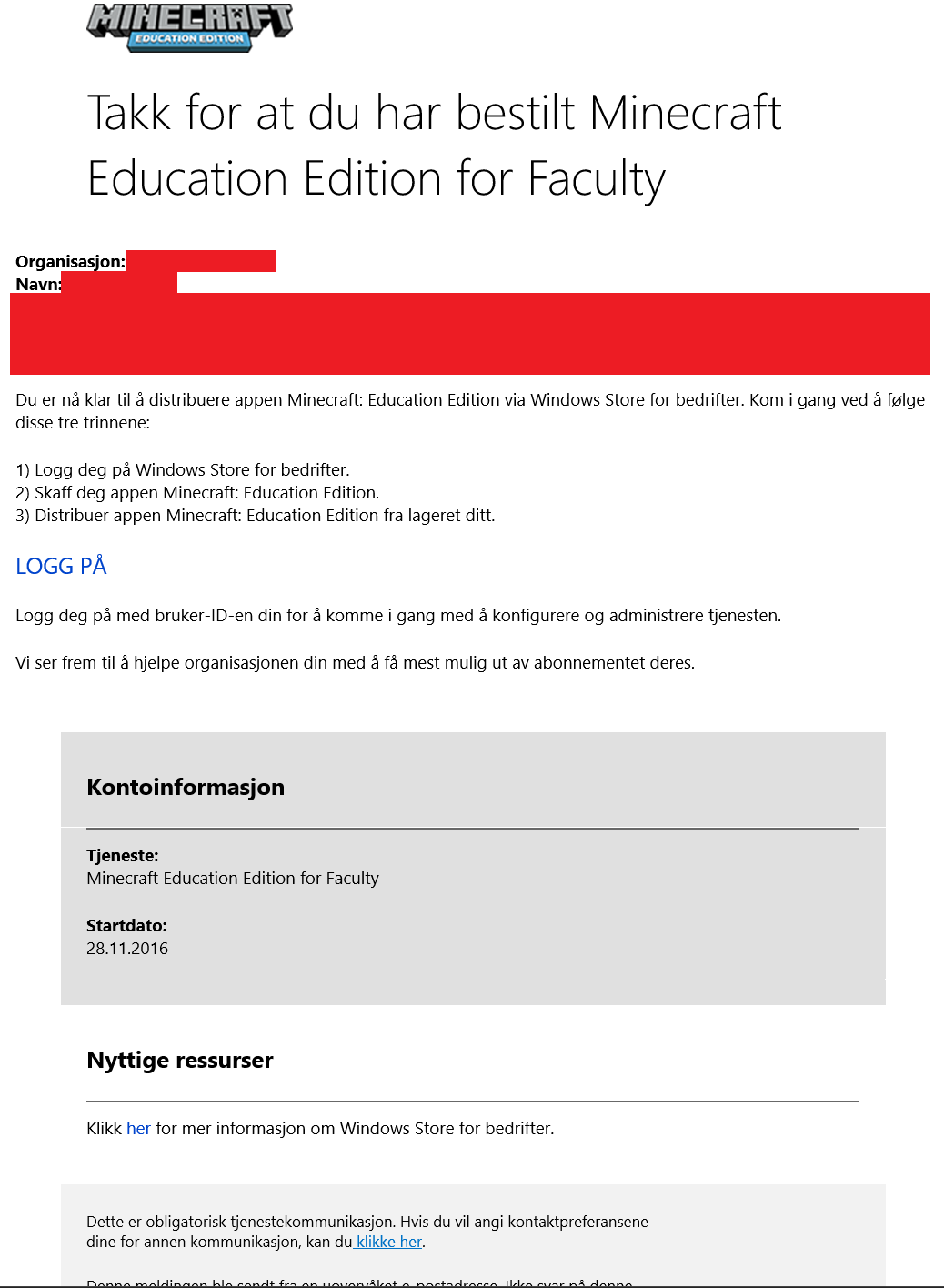 Minecraft Education Edition Activation Emails – Håvard Siegel Haukeberg